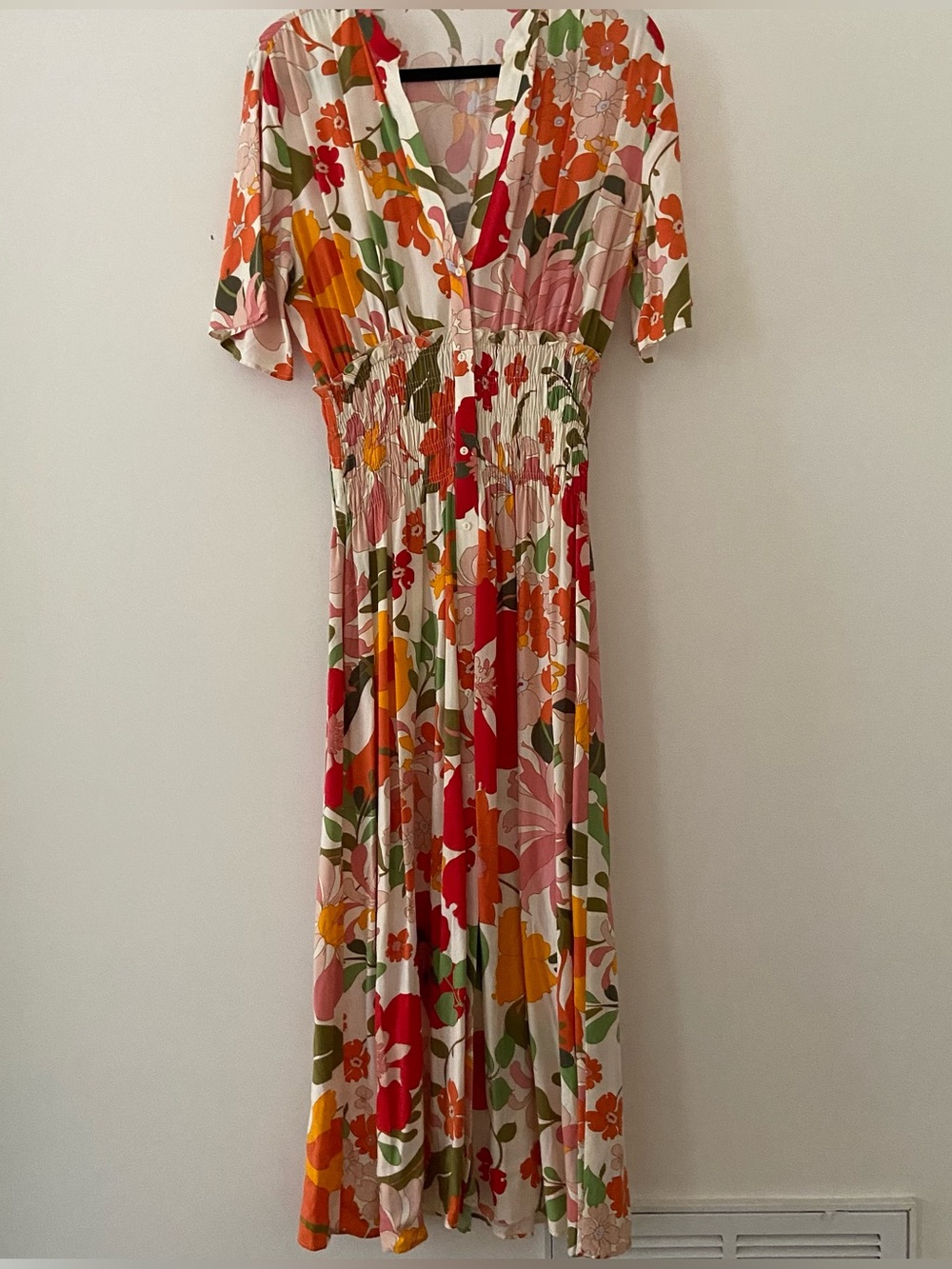 Zara Red Floral Tiered Maxi Dress Size Small Boho Prairie Smocking Colorful